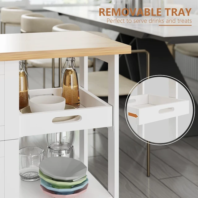 Alt view image 5 of 7 - White Rolling Kitchen Island Cart, Mobile Narrow Utility Storage Cart with 3 Drawers, Open Shelves and Removable Tray, Rubberwood Countertop with Lockable Swivel Wheels for Kitchen Dining Room