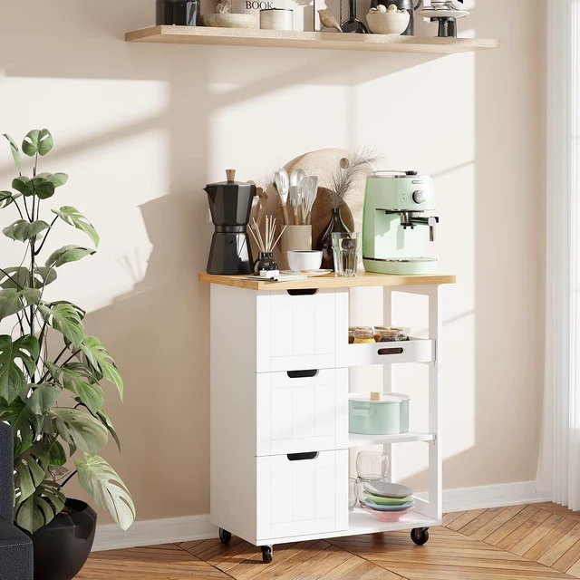 Alt view image 6 of 7 - White Rolling Kitchen Island Cart, Mobile Narrow Utility Storage Cart with 3 Drawers, Open Shelves and Removable Tray, Rubberwood Countertop with Lockable Swivel Wheels for Kitchen Dining Room