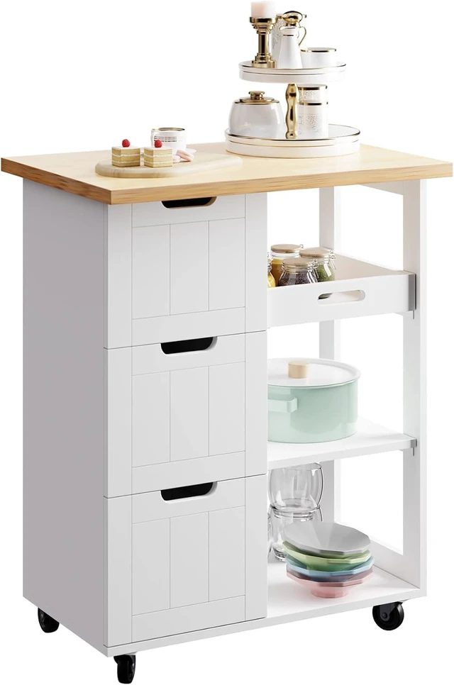 Alt view image 7 of 7 - White Rolling Kitchen Island Cart, Mobile Narrow Utility Storage Cart with 3 Drawers, Open Shelves and Removable Tray, Rubberwood Countertop with Lockable Swivel Wheels for Kitchen Dining Room