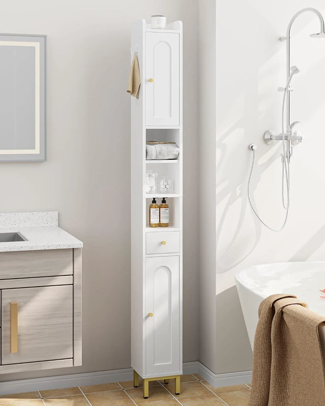 Main image of White Tall Narrow Bathroom Storage Cabinet, Freestanding Vertical Organizer with Adjustable Shelves, Magnetic Doors, Drawer, Waterproof Metal Base and Anti-Tip Design for Bathroom Toilet Corner