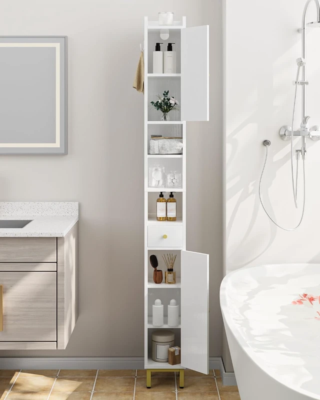Alt view image 3 of 6 - White Tall Narrow Bathroom Storage Cabinet, Freestanding Vertical Organizer with Adjustable Shelves, Magnetic Doors, Drawer, Waterproof Metal Base and Anti-Tip Design for Bathroom Toilet Corner