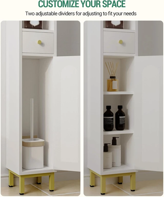 Alt view image 4 of 6 - White Tall Narrow Bathroom Storage Cabinet, Freestanding Vertical Organizer with Adjustable Shelves, Magnetic Doors, Drawer, Waterproof Metal Base and Anti-Tip Design for Bathroom Toilet Corner