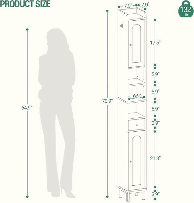 Alt view image 2 of 6 - White Tall Narrow Bathroom Storage Cabinet, Freestanding Vertical Organizer with Adjustable Shelves, Magnetic Doors, Drawer, Waterproof Metal Base and Anti-Tip Design for Bathroom Toilet Corner