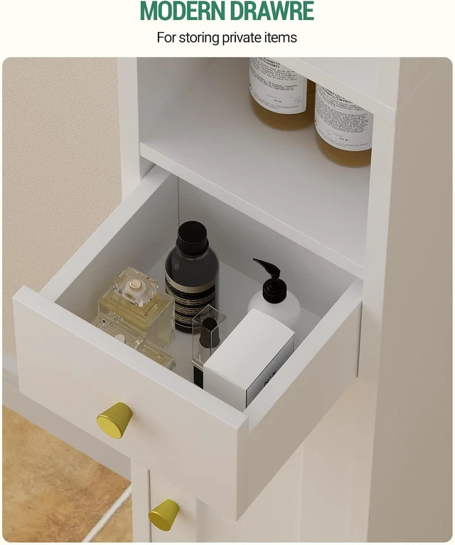 Alt view image 5 of 6 - White Tall Narrow Bathroom Storage Cabinet, Freestanding Vertical Organizer with Adjustable Shelves, Magnetic Doors, Drawer, Waterproof Metal Base and Anti-Tip Design for Bathroom Toilet Corner