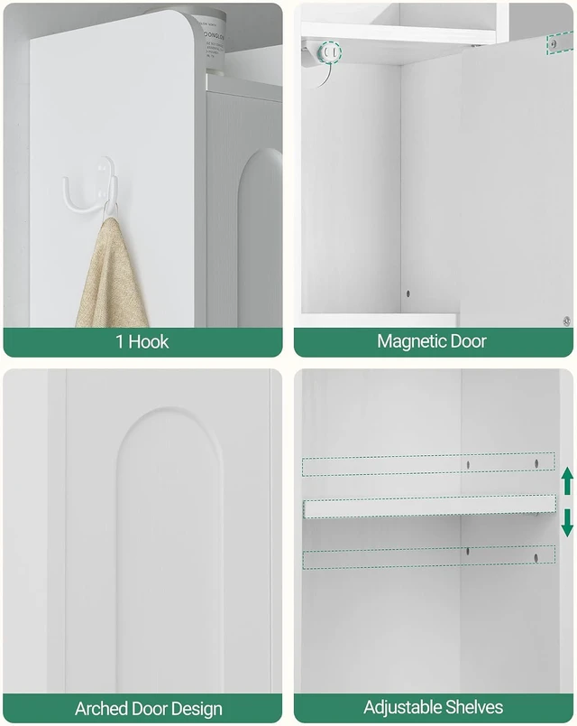 Alt view image 6 of 6 - White Tall Narrow Bathroom Storage Cabinet, Freestanding Vertical Organizer with Adjustable Shelves, Magnetic Doors, Drawer, Waterproof Metal Base and Anti-Tip Design for Bathroom Toilet Corner