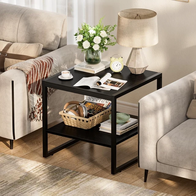 Alt view image 2 of 7 - 20 Inch Square End Table, Industrial 2-Tier Compact Side Table, Waterproof Scratch Resistant Mini Fridge Stand with Storage Shelf, Sturdy Cube Accent Table for Living Room Bedroom Office Small Spaces