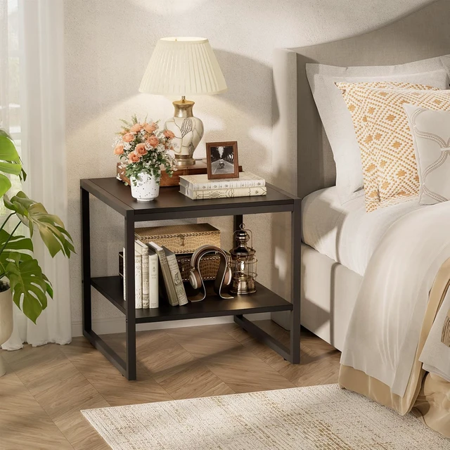 Alt view image 5 of 7 - 20 Inch Square End Table, Industrial 2-Tier Compact Side Table, Waterproof Scratch Resistant Mini Fridge Stand with Storage Shelf, Sturdy Cube Accent Table for Living Room Bedroom Office Small Spaces