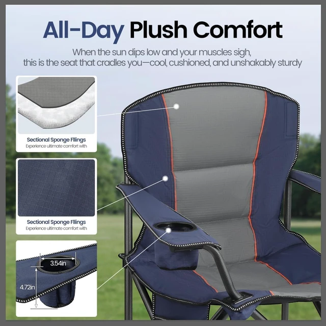 Alt view image 3 of 5 - 2 Pack Oversized Folding Camping Chairs for Adults, Heavy Duty 600D Oxford Chair with Lumbar Support, Cup Holder, Cooler Bag & Side Pocket, Portable for Beach Fishing Lawn Backyard, Navy Blue