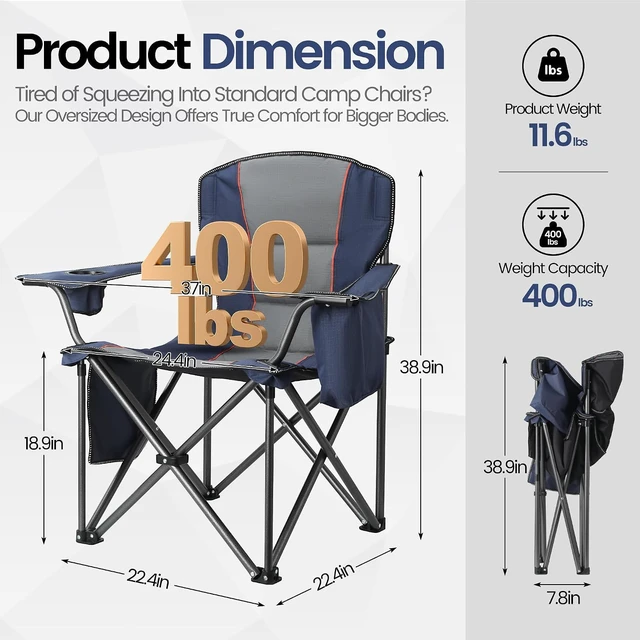 Alt view image 2 of 5 - 2 Pack Oversized Folding Camping Chairs for Adults, Heavy Duty 600D Oxford Chair with Lumbar Support, Cup Holder, Cooler Bag & Side Pocket, Portable for Beach Fishing Lawn Backyard, Navy Blue