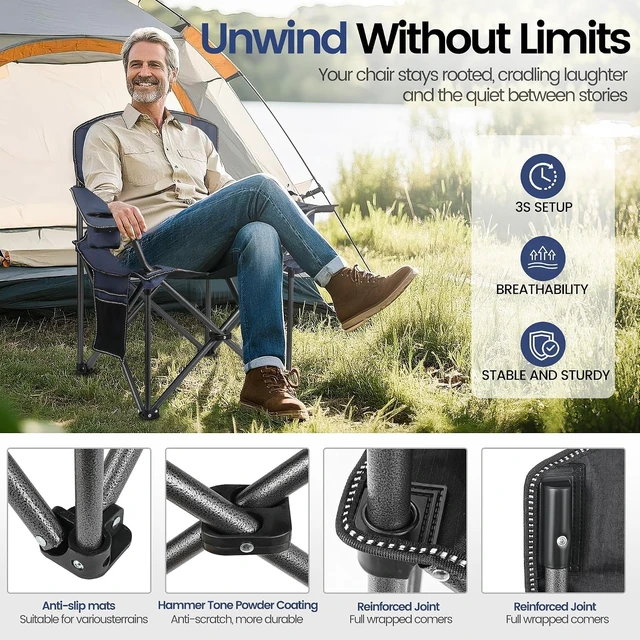Alt view image 4 of 5 - 2 Pack Oversized Folding Camping Chairs for Adults, Heavy Duty 600D Oxford Chair with Lumbar Support, Cup Holder, Cooler Bag & Side Pocket, Portable for Beach Fishing Lawn Backyard, Navy Blue