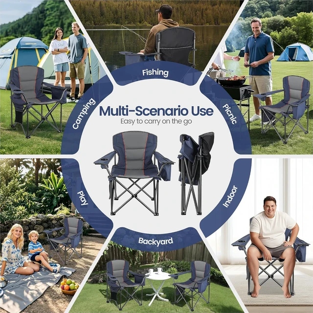 Alt view image 5 of 5 - 2 Pack Oversized Folding Camping Chairs for Adults, Heavy Duty 600D Oxford Chair with Lumbar Support, Cup Holder, Cooler Bag & Side Pocket, Portable for Beach Fishing Lawn Backyard, Navy Blue
