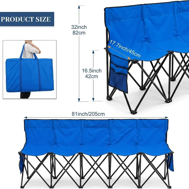 Alt view image 2 of 7 - Folding 5-Seat Sports Bench Portable Outdoor Sideline Bench with Storage Bag, Blue 600D Oxford Fabric Steel Frame for Soccer Camping Sports Events
