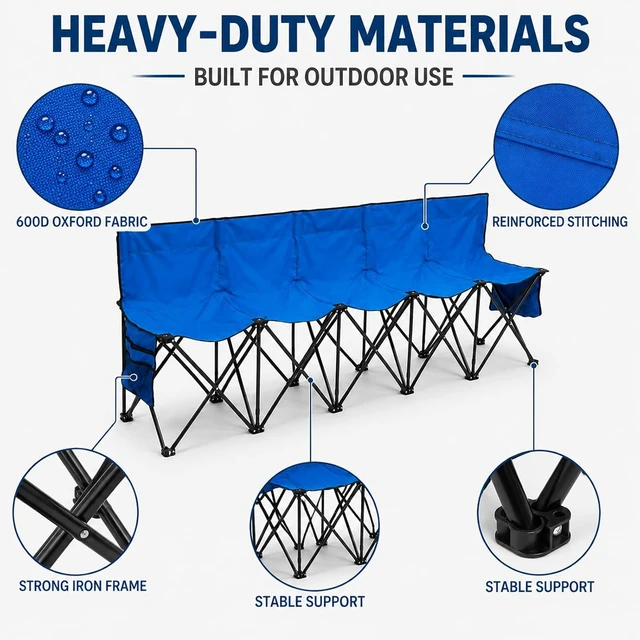 Alt view image 4 of 7 - Folding 5-Seat Sports Bench Portable Outdoor Sideline Bench with Storage Bag, Blue 600D Oxford Fabric Steel Frame for Soccer Camping Sports Events