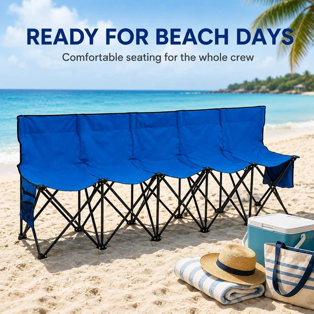 Alt view image 5 of 7 - Folding 5-Seat Sports Bench Portable Outdoor Sideline Bench with Storage Bag, Blue 600D Oxford Fabric Steel Frame for Soccer Camping Sports Events