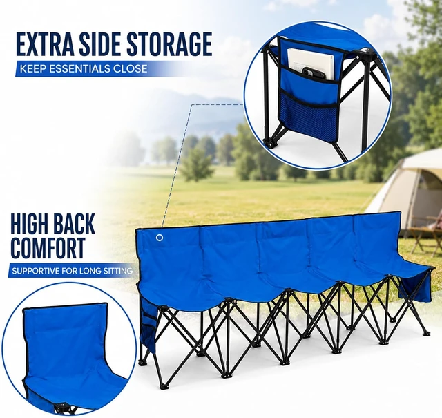 Alt view image 6 of 7 - Folding 5-Seat Sports Bench Portable Outdoor Sideline Bench with Storage Bag, Blue 600D Oxford Fabric Steel Frame for Soccer Camping Sports Events
