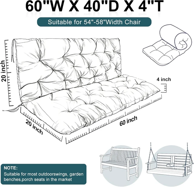 Alt view image 4 of 7 - 60 x 40 Inch 4InchThick Porch Swing Replacement Cushion, Khaki WaterRepellent Oxford Fabric with Backrest, for 23Seat Patio Swings Gliders and Garden Benches