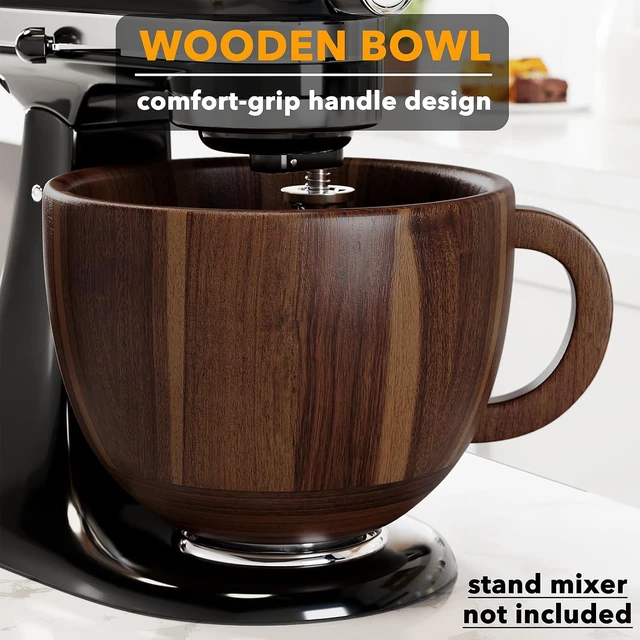 Alt view image 2 of 5 - Acacia Wood Mixing Bowl with Handle, Stainless Steel Locking Base, Natural Solid Wood Mixer Bowl Compatible with 4.5QT 5QT Tilt-Head Stand Mixers, Multipurpose Kitchen Bowl for Baking Salad Food Prep