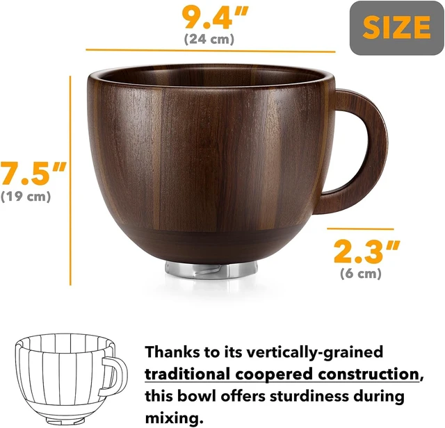 Alt view image 3 of 5 - Acacia Wood Mixing Bowl with Handle, Stainless Steel Locking Base, Natural Solid Wood Mixer Bowl Compatible with 4.5QT 5QT Tilt-Head Stand Mixers, Multipurpose Kitchen Bowl for Baking Salad Food Prep