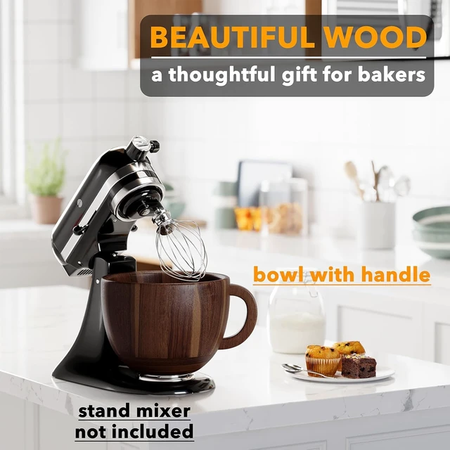 Alt view image 4 of 5 - Acacia Wood Mixing Bowl with Handle, Stainless Steel Locking Base, Natural Solid Wood Mixer Bowl Compatible with 4.5QT 5QT Tilt-Head Stand Mixers, Multipurpose Kitchen Bowl for Baking Salad Food Prep