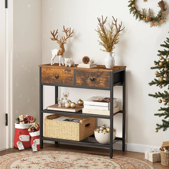 Alt view image 2 of 7 - 29.5 Inch Narrow Console Table, Rustic Entryway Sofa Table with 2 Fabric Drawers and 3-Tier Storage Shelves, Sturdy Metal Frame Behind Couch Table for Hallway Living Room Bedroom Home Decor