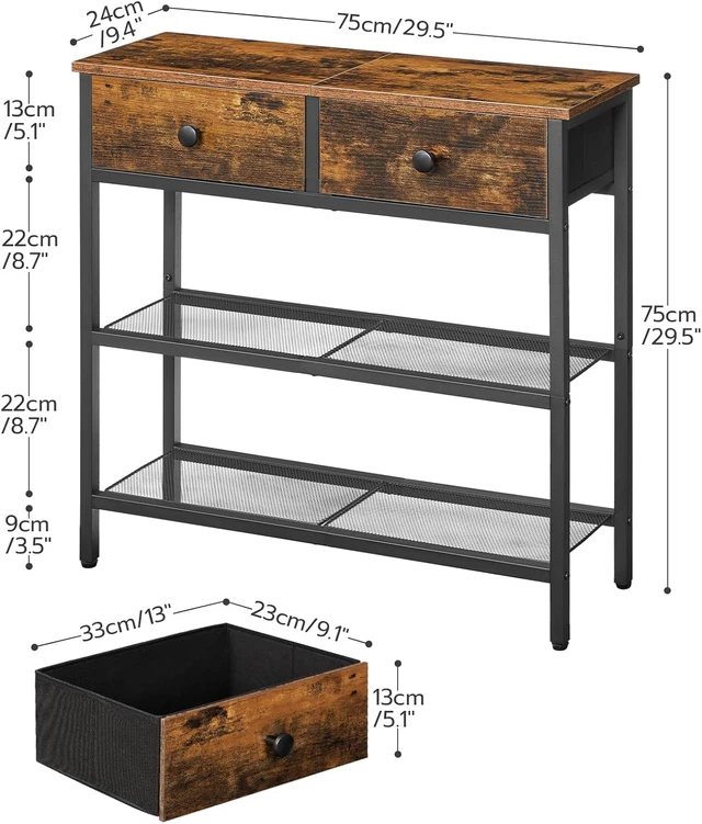 Alt view image 3 of 7 - 29.5 Inch Narrow Console Table, Rustic Entryway Sofa Table with 2 Fabric Drawers and 3-Tier Storage Shelves, Sturdy Metal Frame Behind Couch Table for Hallway Living Room Bedroom Home Decor
