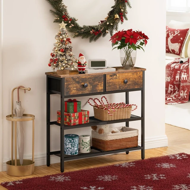 Alt view image 4 of 7 - 29.5 Inch Narrow Console Table, Rustic Entryway Sofa Table with 2 Fabric Drawers and 3-Tier Storage Shelves, Sturdy Metal Frame Behind Couch Table for Hallway Living Room Bedroom Home Decor