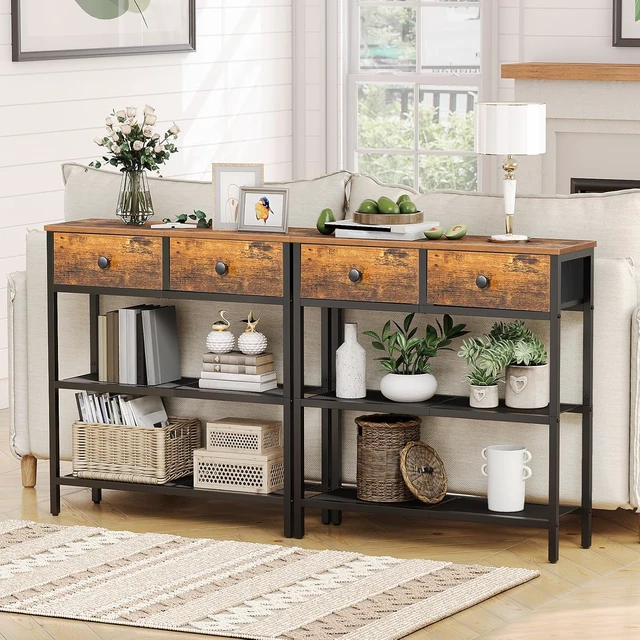 Alt view image 5 of 7 - 29.5 Inch Narrow Console Table, Rustic Entryway Sofa Table with 2 Fabric Drawers and 3-Tier Storage Shelves, Sturdy Metal Frame Behind Couch Table for Hallway Living Room Bedroom Home Decor
