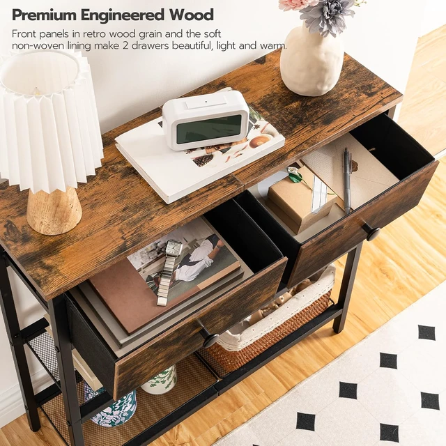 Alt view image 7 of 7 - 29.5 Inch Narrow Console Table, Rustic Entryway Sofa Table with 2 Fabric Drawers and 3-Tier Storage Shelves, Sturdy Metal Frame Behind Couch Table for Hallway Living Room Bedroom Home Decor