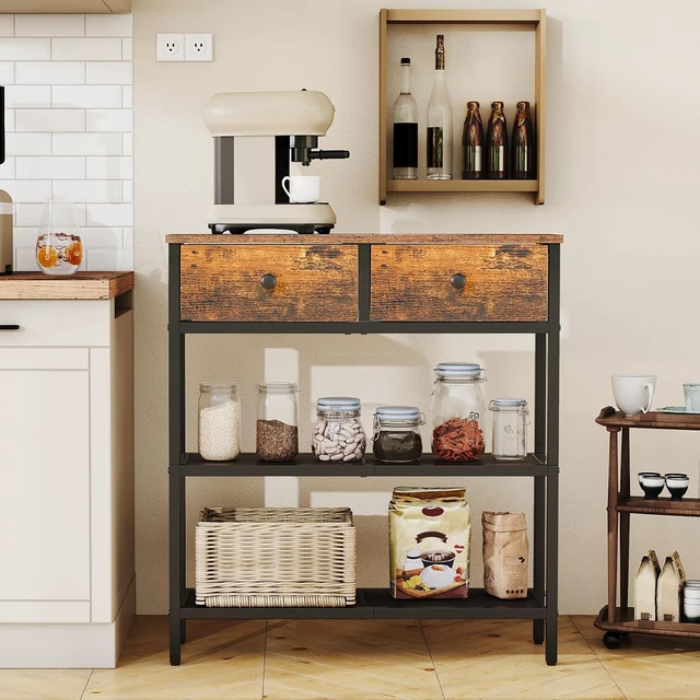 Alt view image 6 of 7 - 29.5 Inch Narrow Console Table, Rustic Entryway Sofa Table with 2 Fabric Drawers and 3-Tier Storage Shelves, Sturdy Metal Frame Behind Couch Table for Hallway Living Room Bedroom Home Decor
