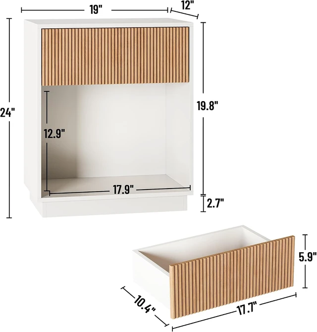 Alt view image 2 of 7 - Set of 2 Modern Fluted Nightstands, Mid Century Wood Bedside Table with Drawer and Open Storage Shelf, Waterproof Scratch Resistant End Table for Bedroom Living Room Sofa Couch Office