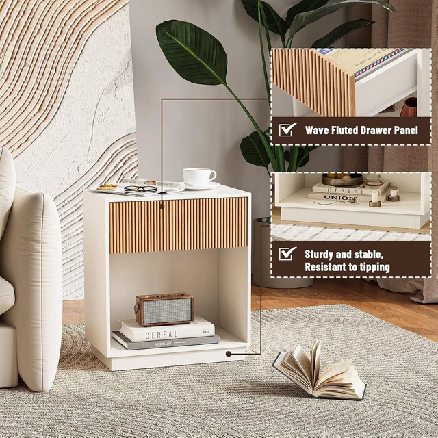 Alt view image 3 of 7 - Set of 2 Modern Fluted Nightstands, Mid Century Wood Bedside Table with Drawer and Open Storage Shelf, Waterproof Scratch Resistant End Table for Bedroom Living Room Sofa Couch Office