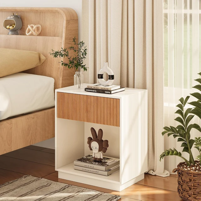 Alt view image 4 of 7 - Set of 2 Modern Fluted Nightstands, Mid Century Wood Bedside Table with Drawer and Open Storage Shelf, Waterproof Scratch Resistant End Table for Bedroom Living Room Sofa Couch Office