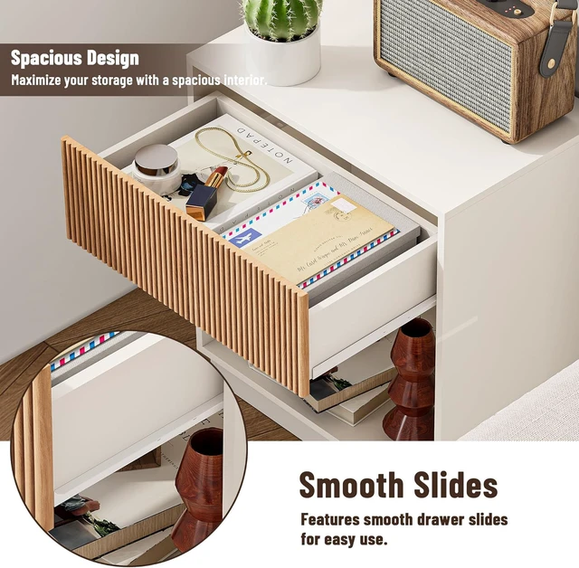 Alt view image 5 of 7 - Set of 2 Modern Fluted Nightstands, Mid Century Wood Bedside Table with Drawer and Open Storage Shelf, Waterproof Scratch Resistant End Table for Bedroom Living Room Sofa Couch Office