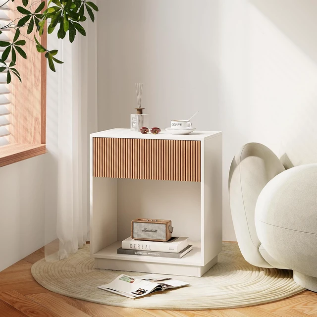 Alt view image 7 of 7 - Set of 2 Modern Fluted Nightstands, Mid Century Wood Bedside Table with Drawer and Open Storage Shelf, Waterproof Scratch Resistant End Table for Bedroom Living Room Sofa Couch Office