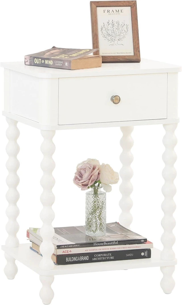 Main image of White Farmhouse Nightstand, Compact Side End Table with Drawer and Open Storage Shelf, Solid Spindle Wood Legs Accent Bedside Table for Bedroom Living Room Home Office