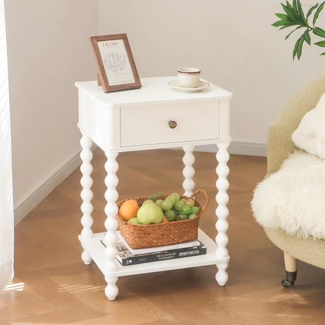Alt view image 2 of 7 - White Farmhouse Nightstand, Compact Side End Table with Drawer and Open Storage Shelf, Solid Spindle Wood Legs Accent Bedside Table for Bedroom Living Room Home Office