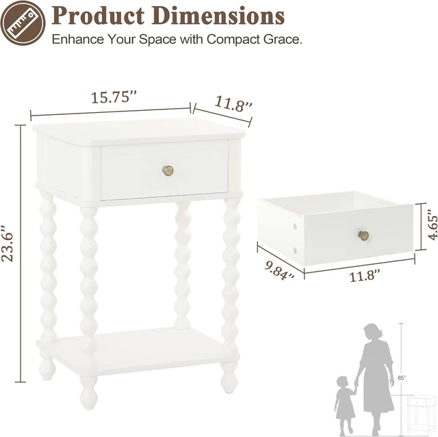 Alt view image 3 of 7 - White Farmhouse Nightstand, Compact Side End Table with Drawer and Open Storage Shelf, Solid Spindle Wood Legs Accent Bedside Table for Bedroom Living Room Home Office