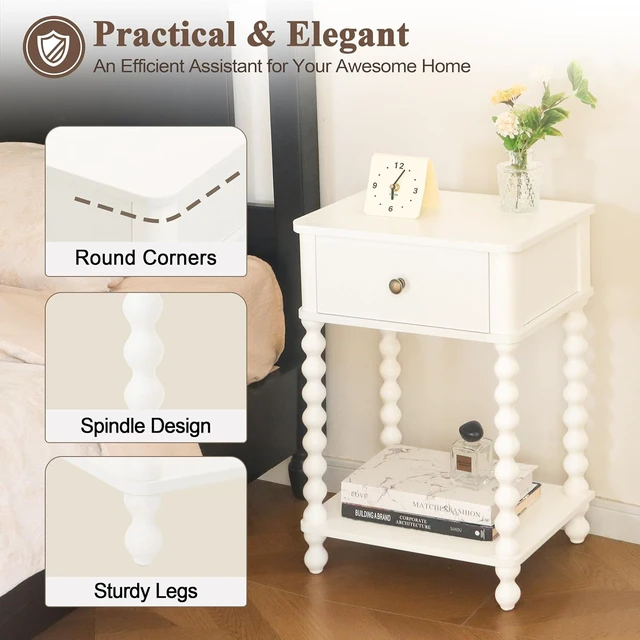Alt view image 4 of 7 - White Farmhouse Nightstand, Compact Side End Table with Drawer and Open Storage Shelf, Solid Spindle Wood Legs Accent Bedside Table for Bedroom Living Room Home Office