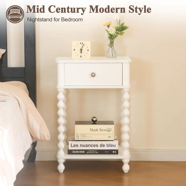Alt view image 5 of 7 - White Farmhouse Nightstand, Compact Side End Table with Drawer and Open Storage Shelf, Solid Spindle Wood Legs Accent Bedside Table for Bedroom Living Room Home Office