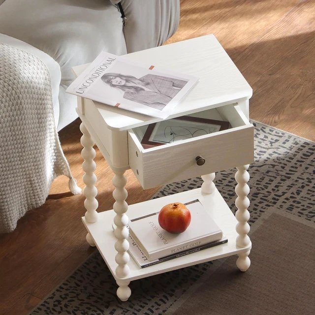 Alt view image 6 of 7 - White Farmhouse Nightstand, Compact Side End Table with Drawer and Open Storage Shelf, Solid Spindle Wood Legs Accent Bedside Table for Bedroom Living Room Home Office