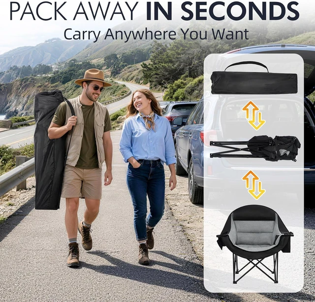 Alt view image 6 of 6 - Oversized Padded Folding Camping Chair for Adults, XL HeavyDuty Outdoor Lawn Chair with Cup Holder and Cooler Pockets, Portable for Beach Fishing Sports, Black, Supports 500 lbs