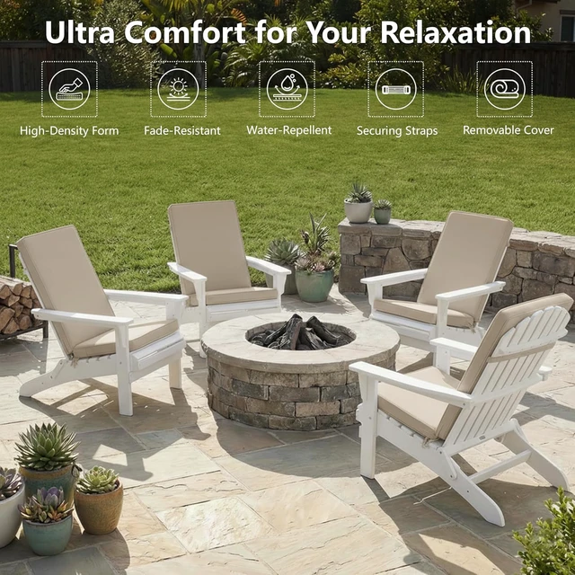 Alt view image 2 of 7 - Set of 4 Adirondack Chair Outdoor Cushions, Cream Removable MachineWashable Covers, WaterRepellent Fabric with NonSlip Base and Fastening Straps, Universal Fit for Patio Rocking Chairs