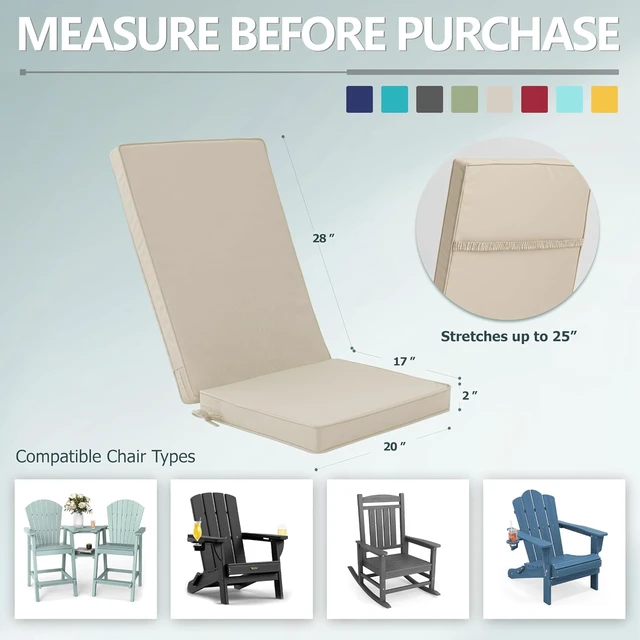 Alt view image 3 of 7 - Set of 4 Adirondack Chair Outdoor Cushions, Cream Removable MachineWashable Covers, WaterRepellent Fabric with NonSlip Base and Fastening Straps, Universal Fit for Patio Rocking Chairs