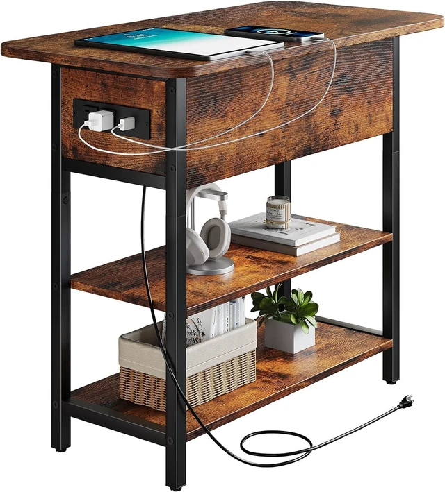 Main image of Compact Narrow End Table with Charging Station, Flip Top Side Nightstand with USB & AC Outlets, 2-Tier Storage Steel Frame Sofa Side Table for Small Space Bedroom Living Room Dorm