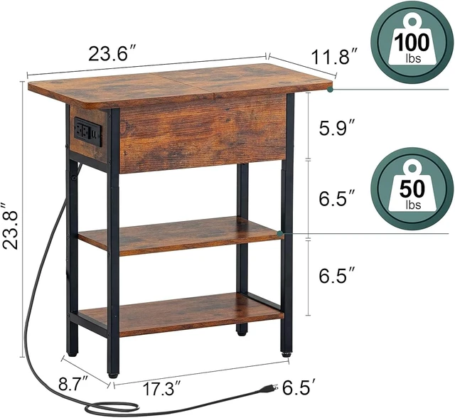 Alt view image 3 of 7 - Compact Narrow End Table with Charging Station, Flip Top Side Nightstand with USB & AC Outlets, 2-Tier Storage Steel Frame Sofa Side Table for Small Space Bedroom Living Room Dorm