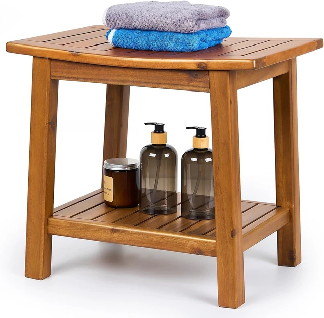 Main image of 20 Inch Solid Teak Shower Bench with Lower Storage Shelf, PreOiled 2Tier Bath Stool, Adjustable NonSlip Feet, 350 lb Capacity for Indoor Bathroom and Outdoor Poolside Use