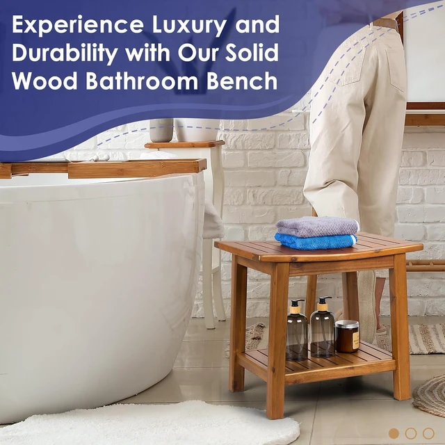 Alt view image 2 of 7 - 20 Inch Solid Teak Shower Bench with Lower Storage Shelf, PreOiled 2Tier Bath Stool, Adjustable NonSlip Feet, 350 lb Capacity for Indoor Bathroom and Outdoor Poolside Use