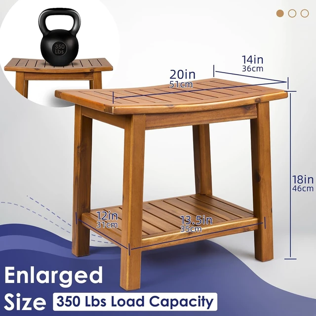 Alt view image 3 of 7 - 20 Inch Solid Teak Shower Bench with Lower Storage Shelf, PreOiled 2Tier Bath Stool, Adjustable NonSlip Feet, 350 lb Capacity for Indoor Bathroom and Outdoor Poolside Use