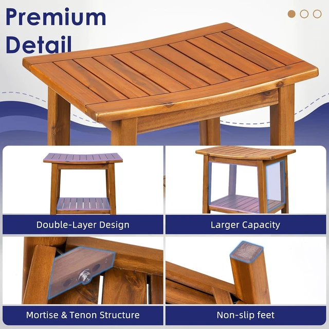 Alt view image 5 of 7 - 20 Inch Solid Teak Shower Bench with Lower Storage Shelf, PreOiled 2Tier Bath Stool, Adjustable NonSlip Feet, 350 lb Capacity for Indoor Bathroom and Outdoor Poolside Use