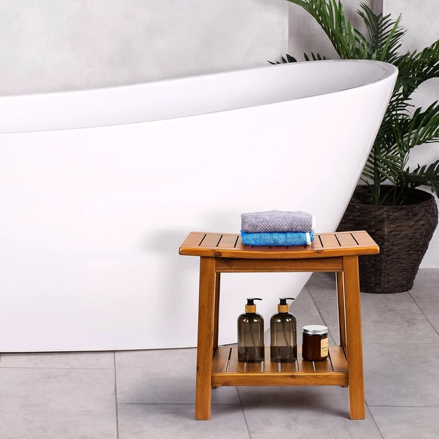 Alt view image 7 of 7 - 20 Inch Solid Teak Shower Bench with Lower Storage Shelf, PreOiled 2Tier Bath Stool, Adjustable NonSlip Feet, 350 lb Capacity for Indoor Bathroom and Outdoor Poolside Use